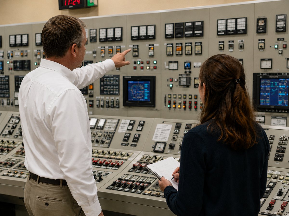 Instructor and trainee at a nuclear control room simulator panel