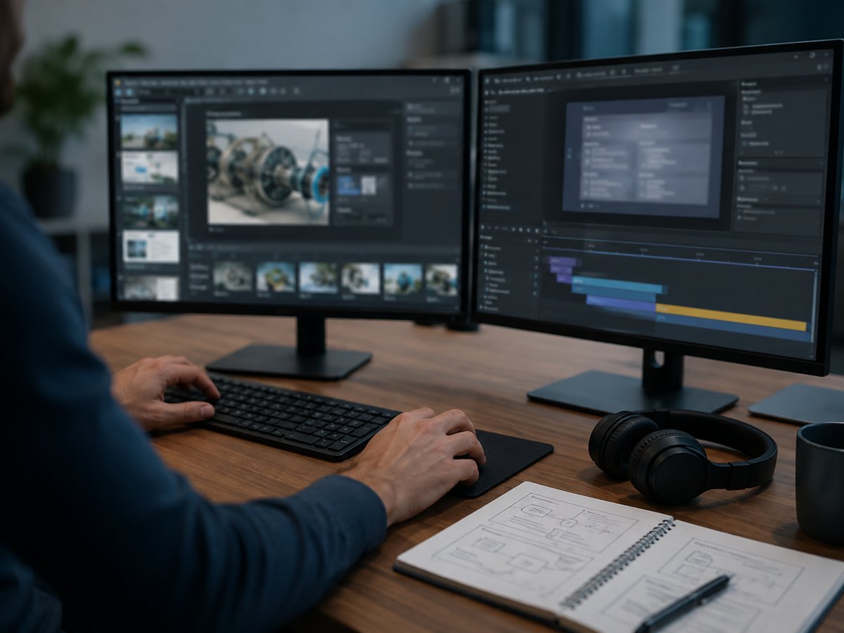Course developer building an interactive module at a dual-monitor workstation