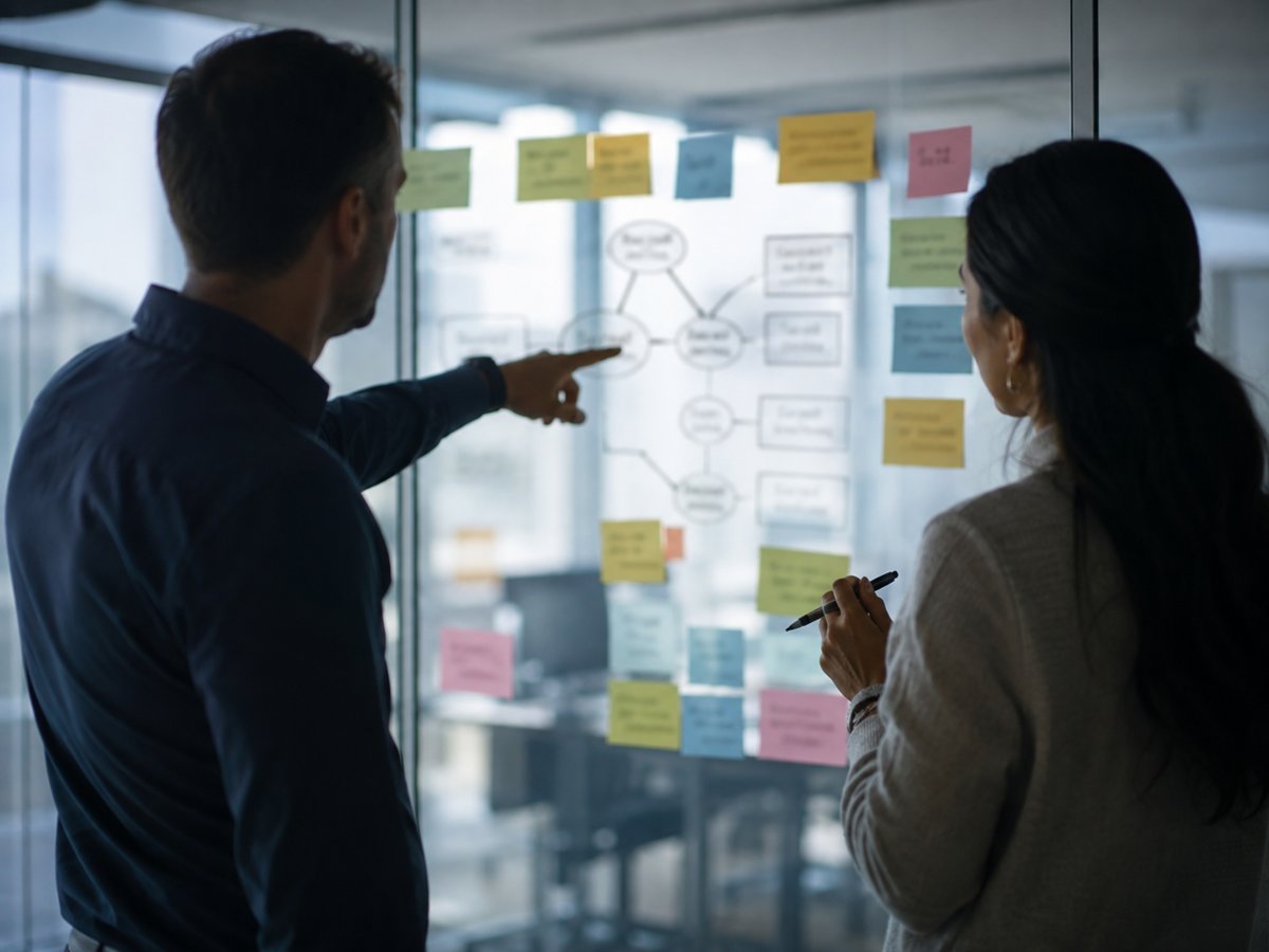 Consultants mapping a program roadmap on a glass wall