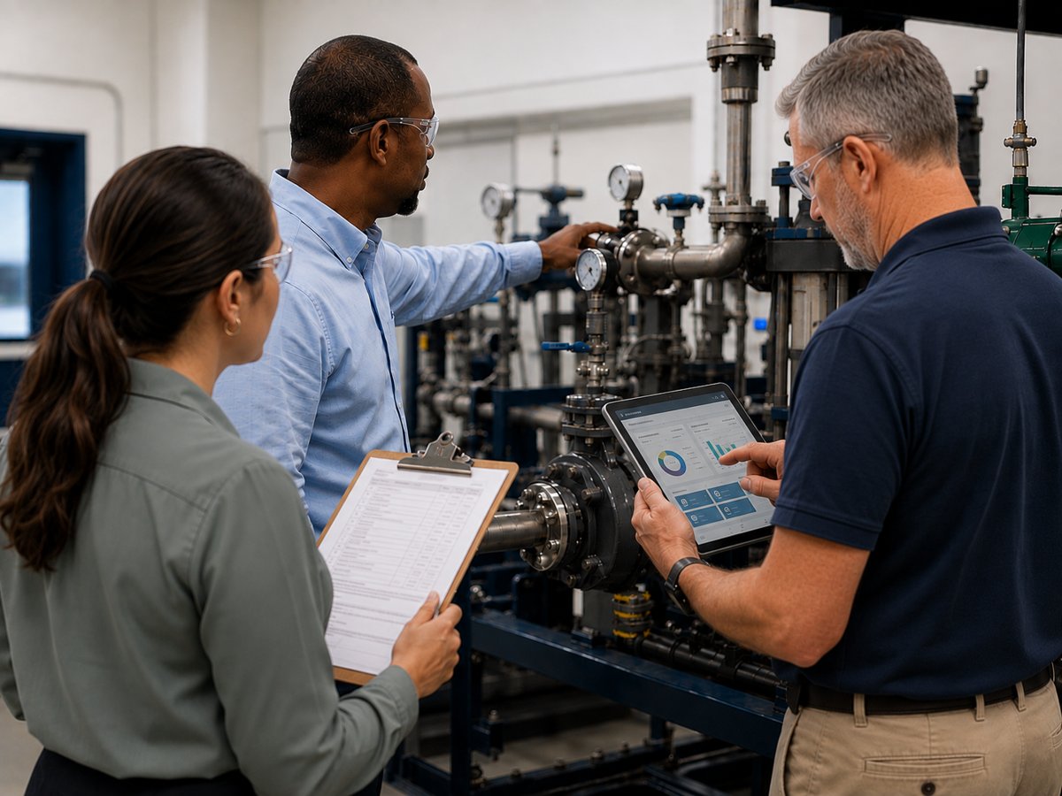 Instructor demonstrating a procedure to trainees at an equipment mock-up